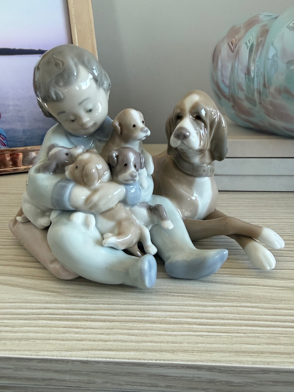 Lladro - Porcelain Boy with Puppies Figurine - Neutral soft blue, Brown & Cream